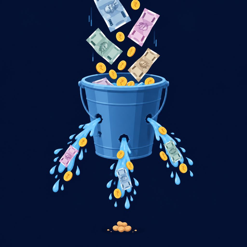 Money poured into a leaking bucket, only peanuts left at the bottom